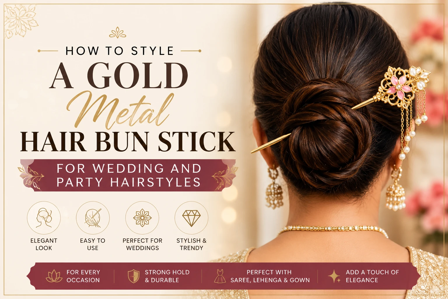 How to Style a Gold Metal Hair Bun Stick for Wedding and Party Hairstyles